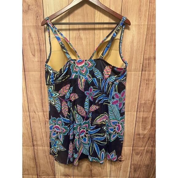 Cacique 42DD blue Swim dress lightly lined plunge Floral Tropical Boho Vacation - Picture 6 of 12